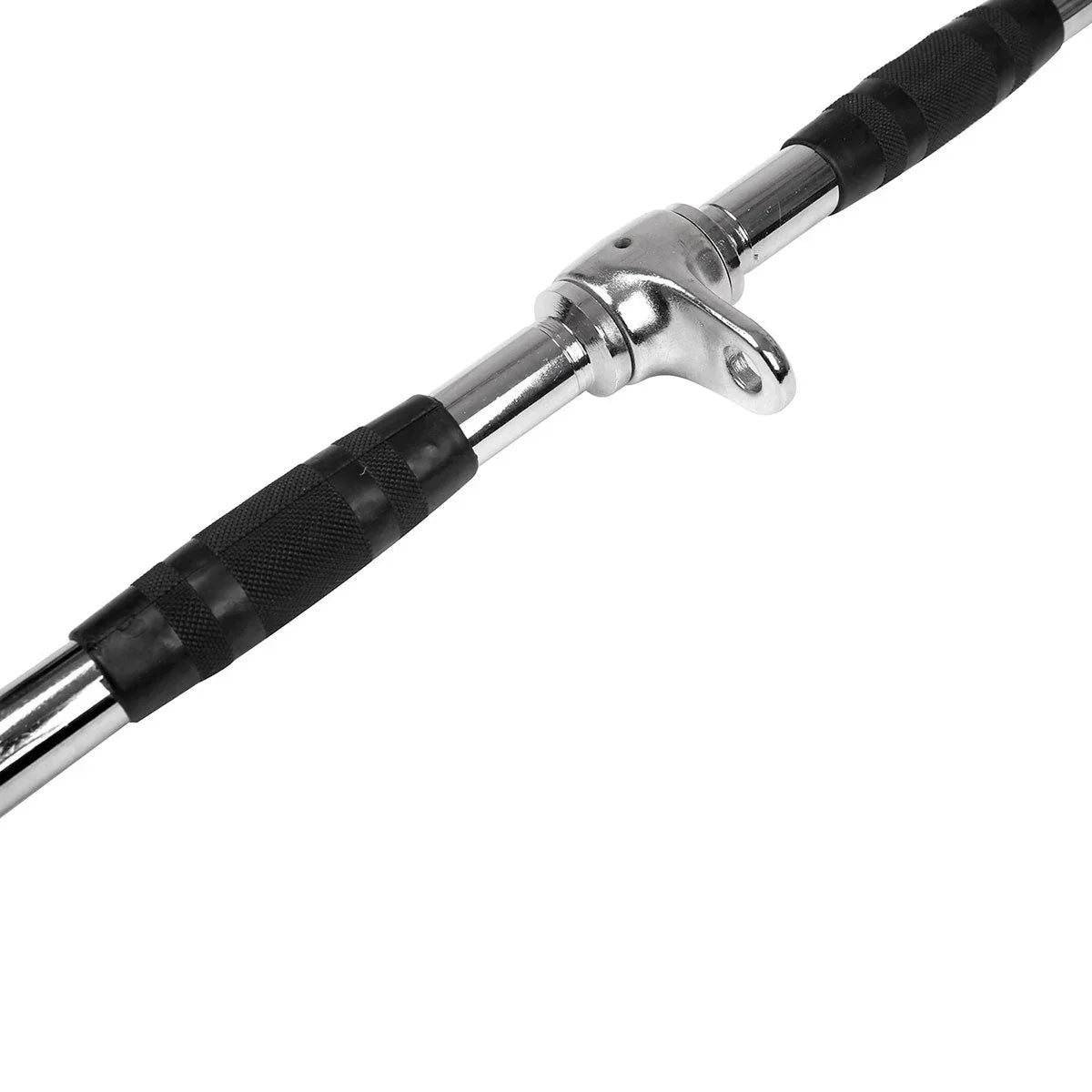 Close-up of chrome retail pulley lat pulldown bar with black rubber knurled grips