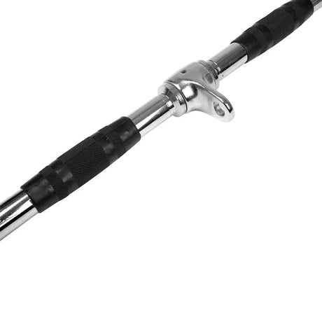 Close-up of chrome retail pulley lat pulldown bar with black rubber knurled grips