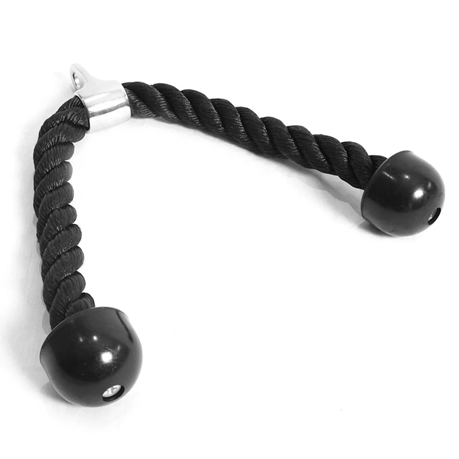 Black tricep rope attachment with rubber ends and metal loop on white background