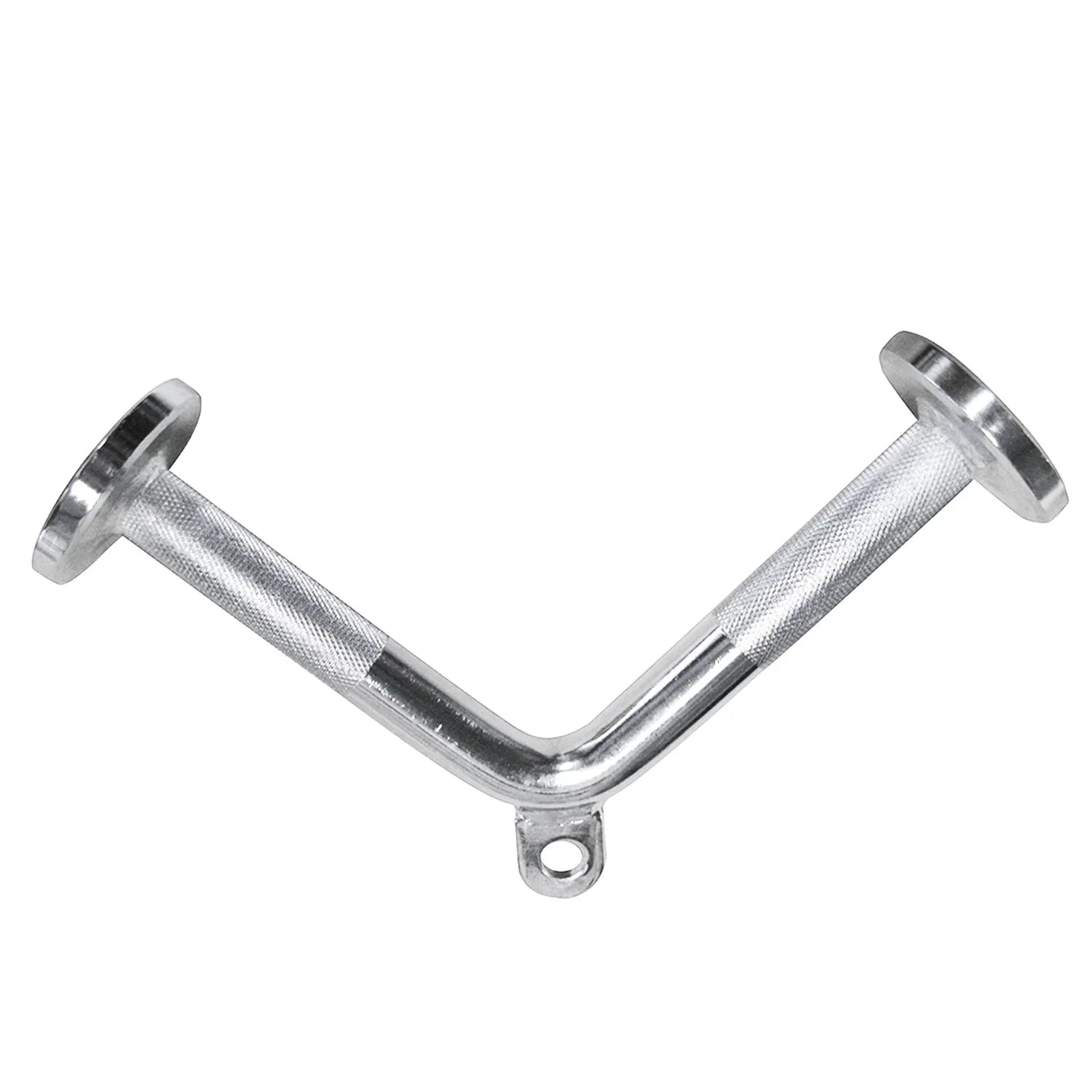 Silver metal triangle triceps press bar with knurled handles and central attachment hole