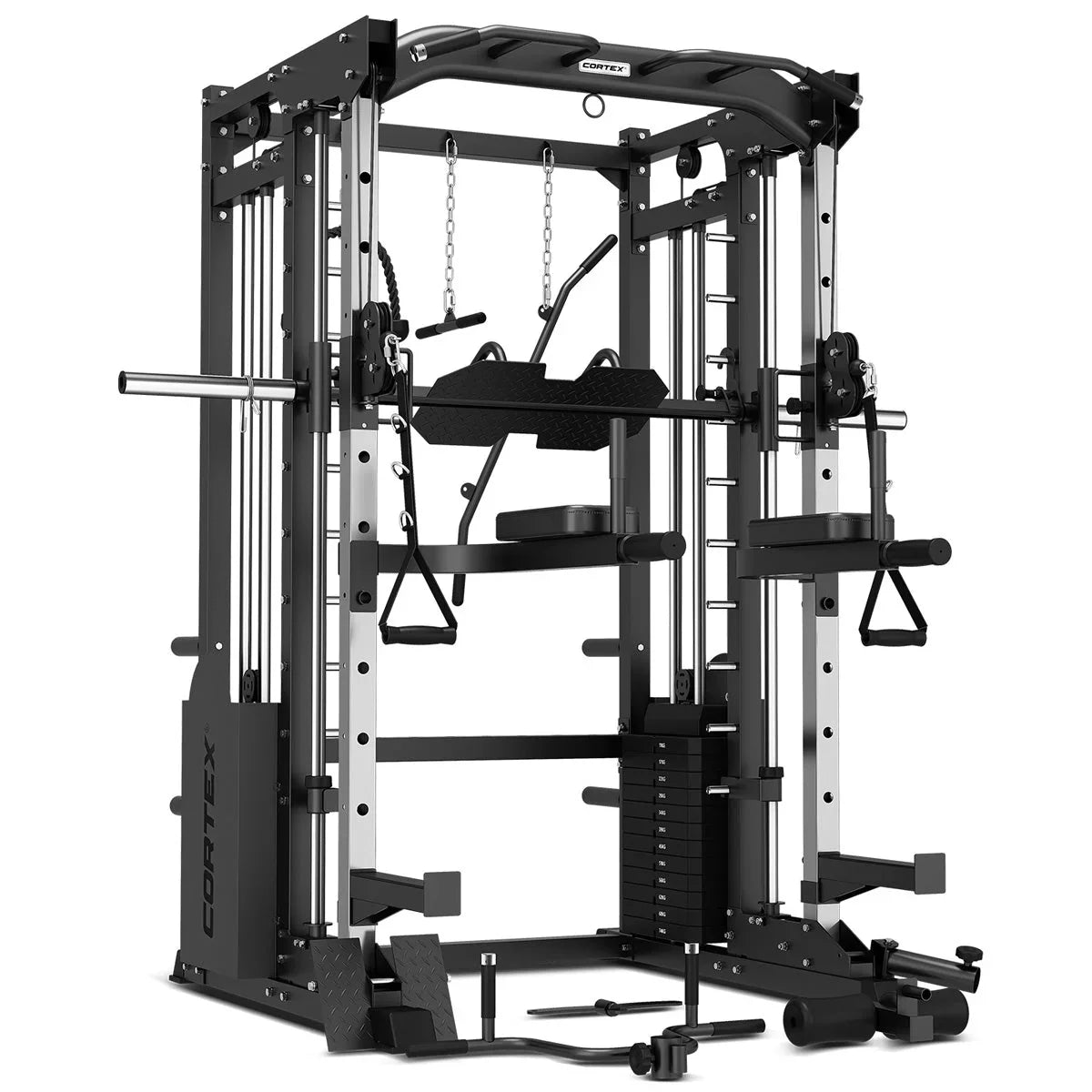 CORTEX multifunctional home gym power rack with cables, bars, and weights, on white background.