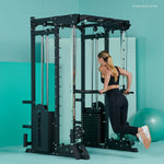Woman using Cortex V420 Smith machine for triceps dips in modern home gym.