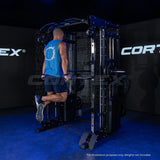 Man using CORTEX power rack machine dip station in gym with dark background