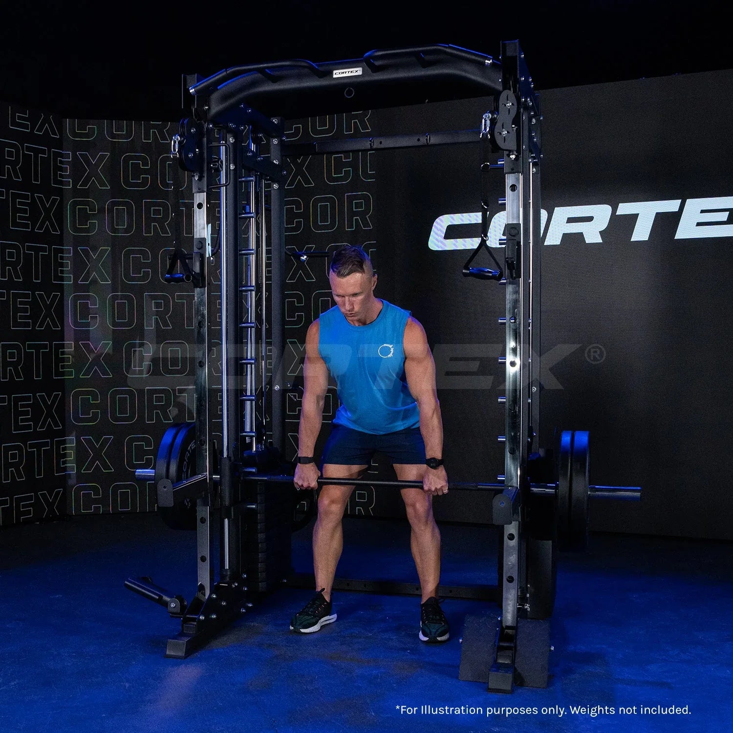 Man using a Cortex Smith machine for weightlifting in a gym setting
