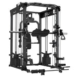 Multifunctional home gym power rack with cables, weight stacks, and attachments