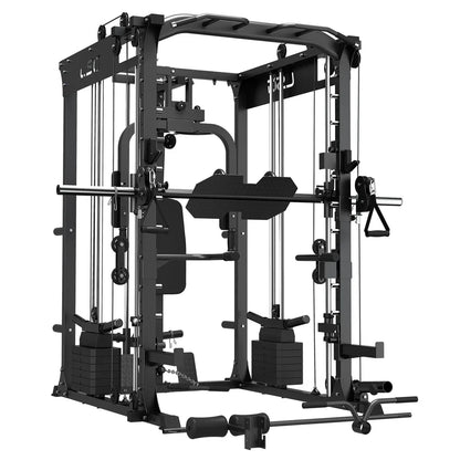 Multifunctional home gym power rack with cables, weight stacks, and attachments