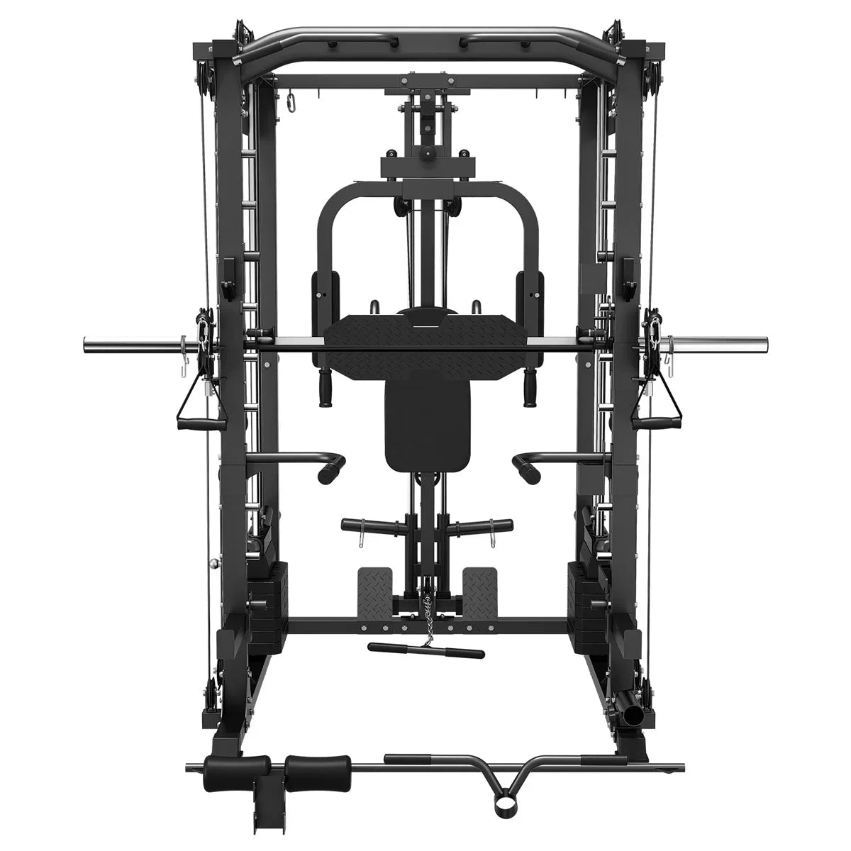 Multi-function home gym machine with cables, bars and pulleys for strength training