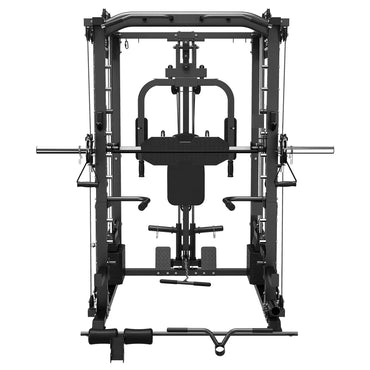 Multi-function home gym machine with cables, bars and pulleys for strength training