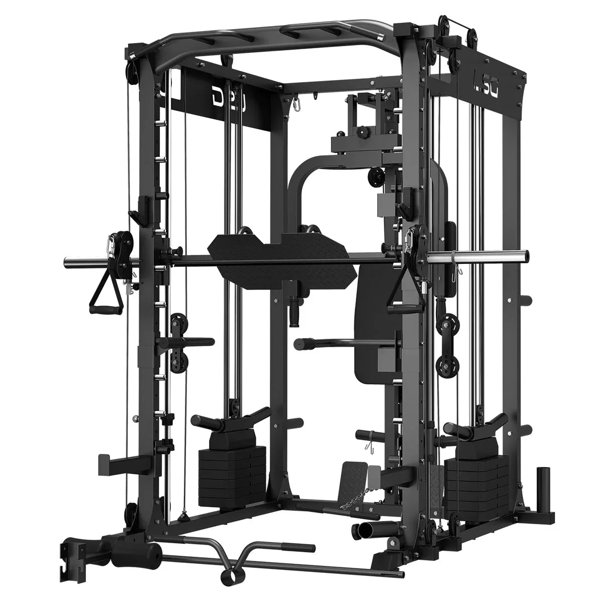 Multi-functional home gym smith machine with cable crossover and attachments