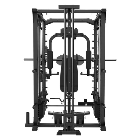 Multi-function home gym machine with cables, bench, and weight stack in black