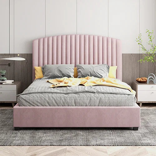Camelia Double Size Bed Frame Pink Velvet Upholstery High Headboard Quality Slats Metal Structure - Flea Market