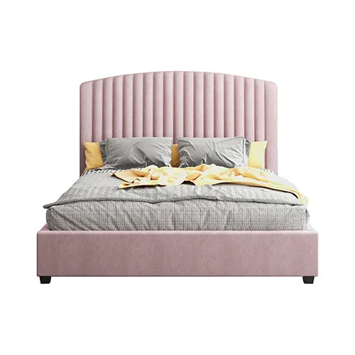 Camelia Double Size Bed Frame Pink Velvet Upholstery High Headboard Quality Slats Metal Structure - Flea Market