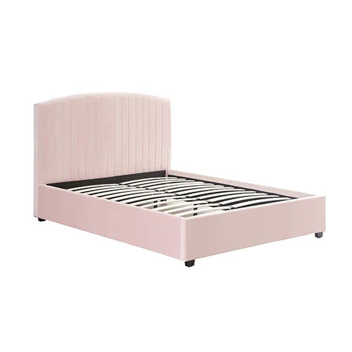 Camelia Double Size Bed Frame Pink Velvet Upholstery High Headboard Quality Slats Metal Structure - Flea Market