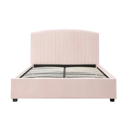 Camelia Double Size Bed Frame Pink Velvet Upholstery High Headboard Quality Slats Metal Structure - Flea Market