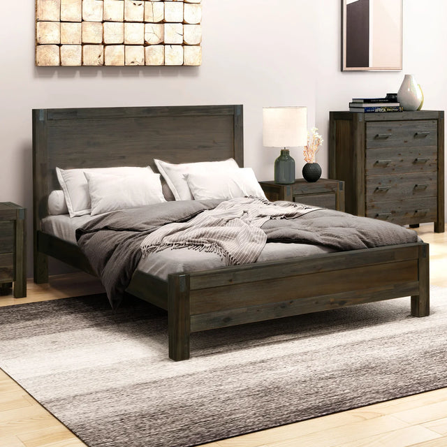 Bed Frame King Size in Solid Wood Veneered Acacia Bedroom Timber Slat in Chocolate - Flea Market