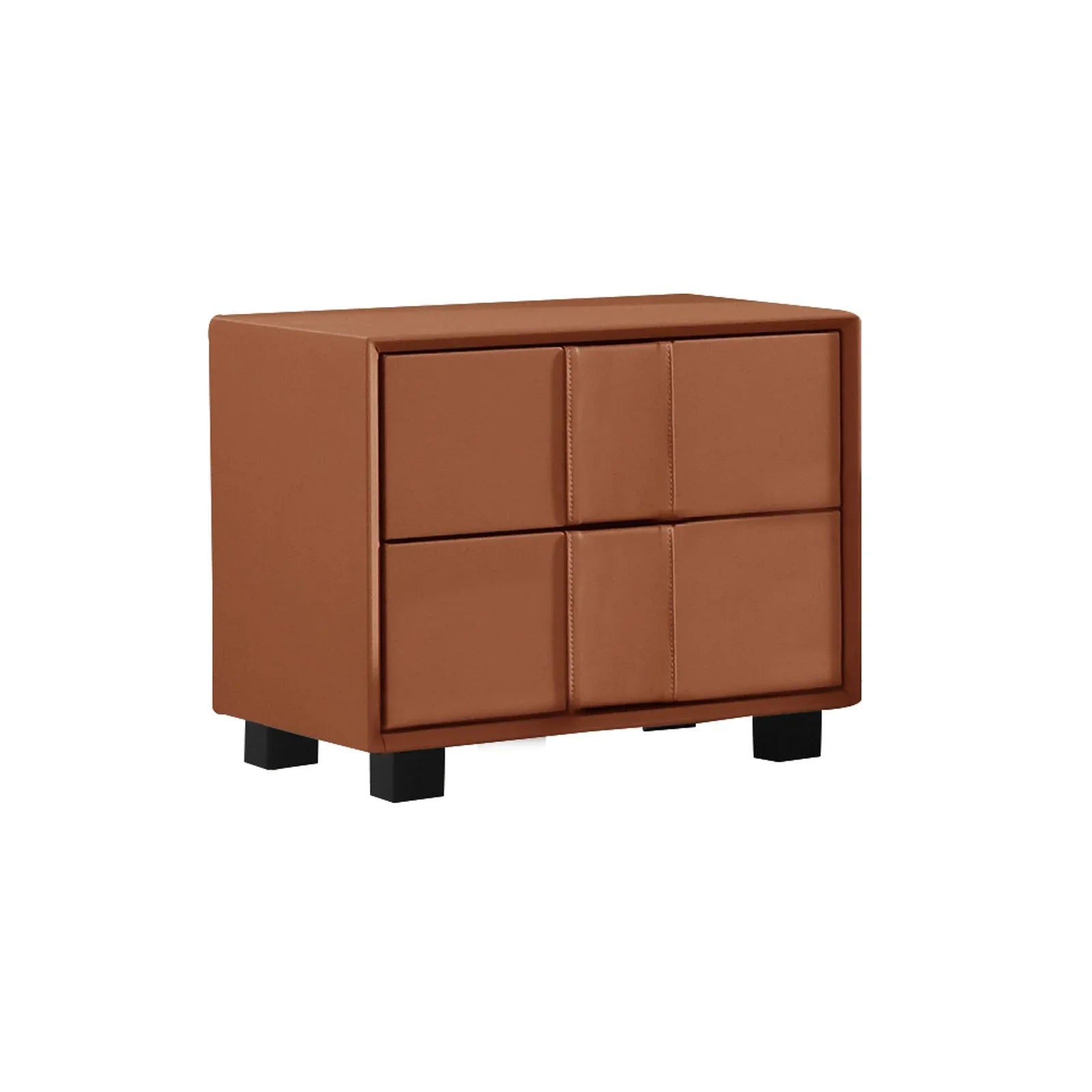 Modern brown leather nightstand with two drawers and black legs on white background