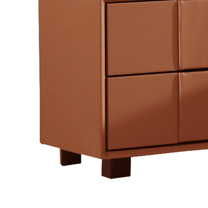 Close-up of modern brown leather nightstand corner with square drawers and dark legs