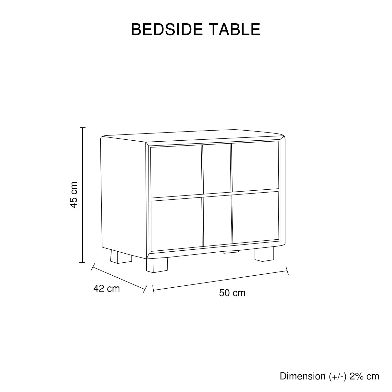 Bedside table line drawing with dimensions 50x42x45 cm, modern nightstand design.