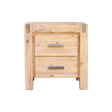 Oak wood bedside table with two drawers and metal handles on a white background