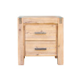 Oak wood bedside table with two drawers and metal handles on a white background