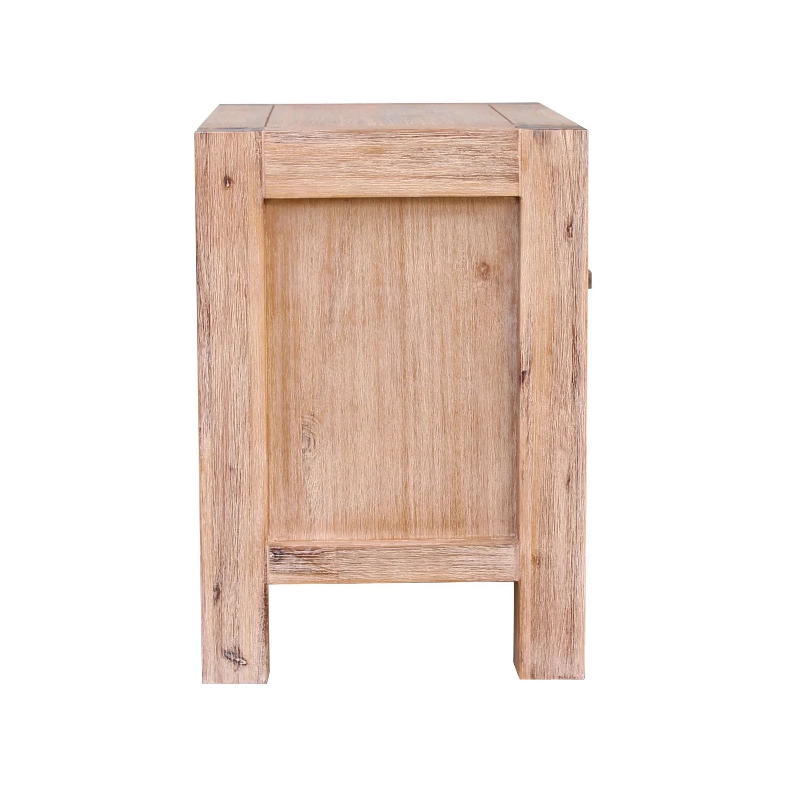 Side view of a modern oak wood nightstand with natural finish on white background
