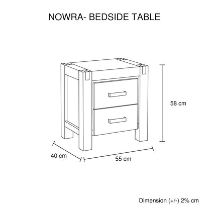 NOWRA bedside table line drawing with 2 drawers, dimensions 58x55x40 cm shown.