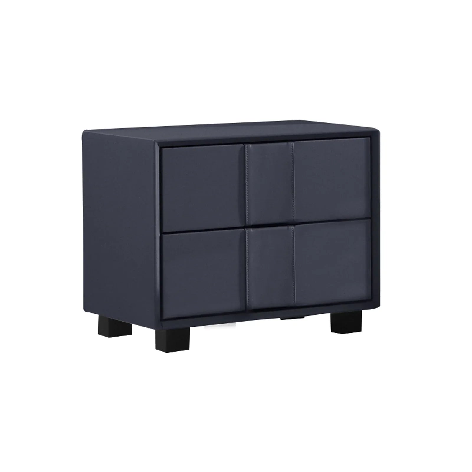 Modern dark blue nightstand with four square panel drawers on black legs