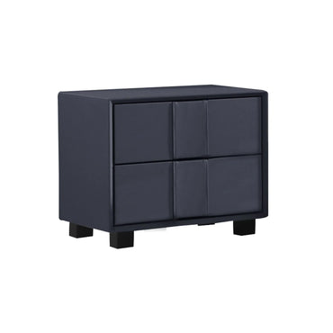 Modern dark blue nightstand with four square panel drawers on black legs
