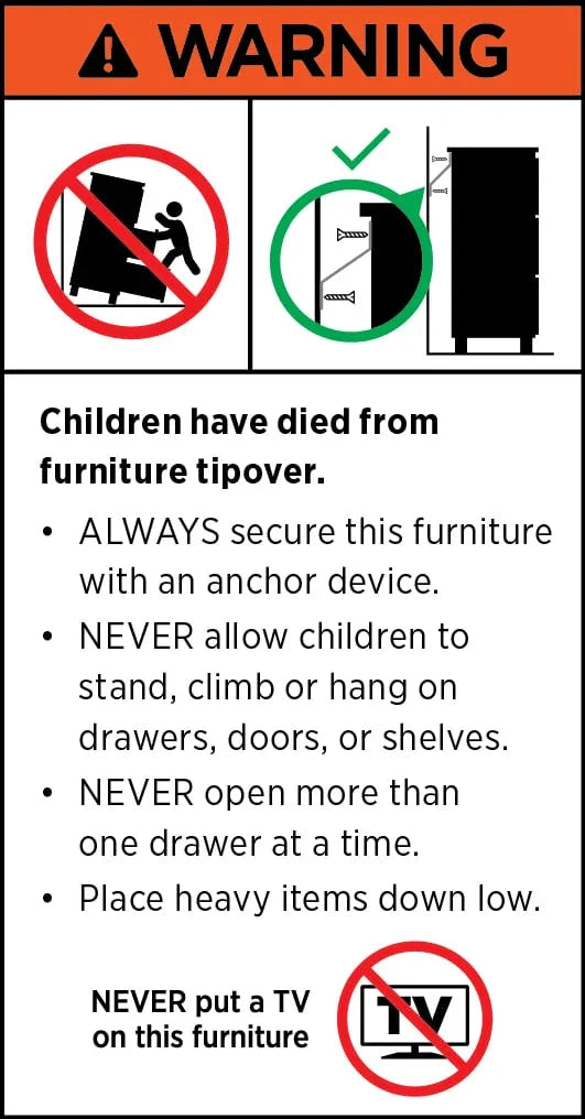 Furniture tipover warning label with safety icons, child hazard alert, and anti-tip instructions.