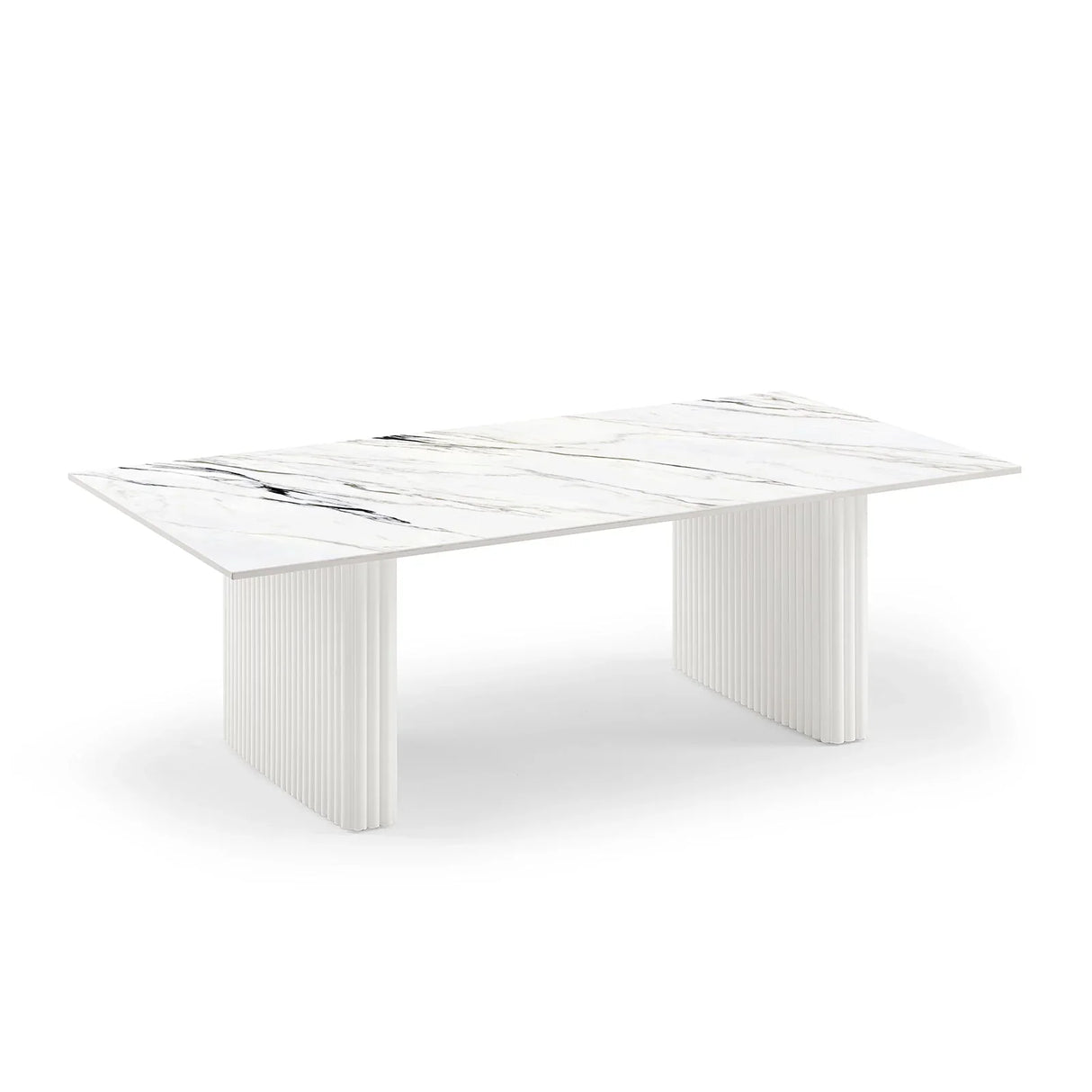 Modern rectangular marble dining table with white fluted pedestal legs