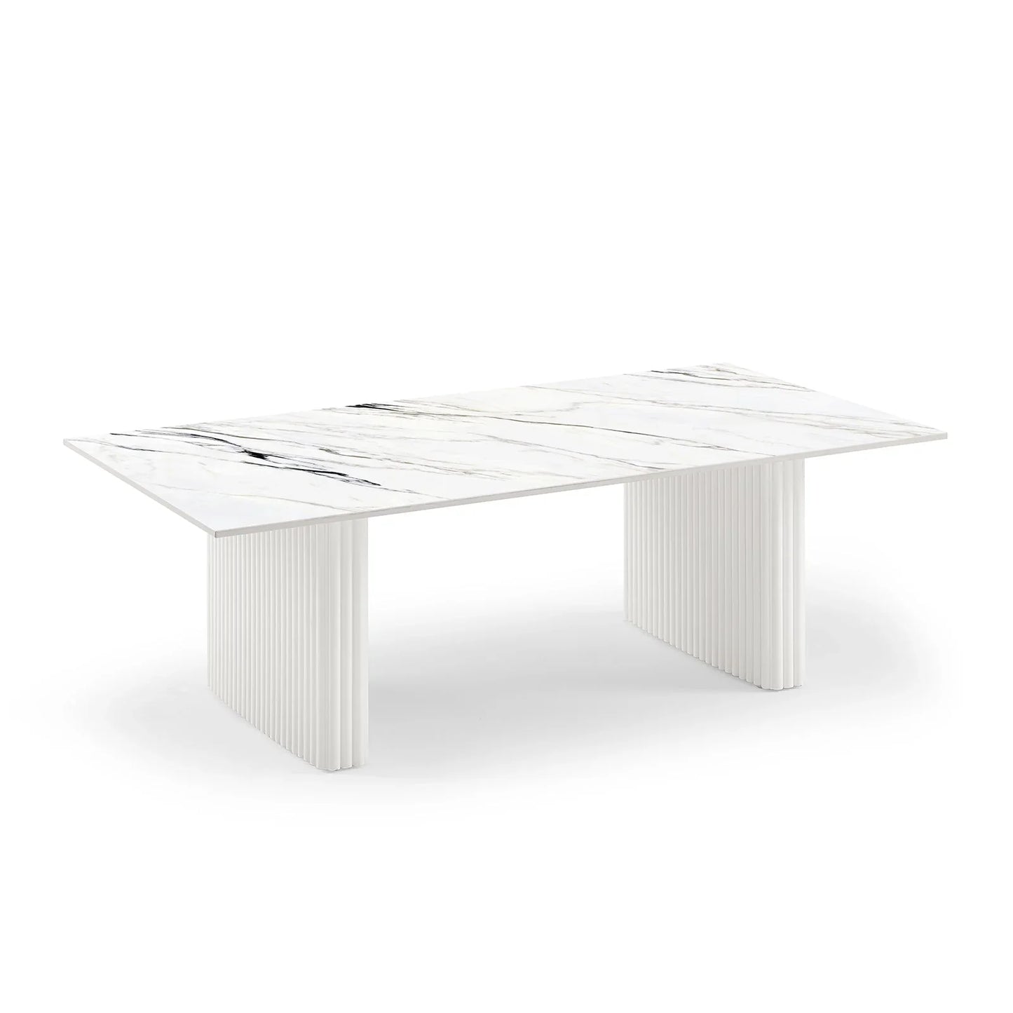 Modern rectangular marble dining table with white fluted pedestal legs