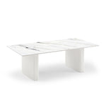 Modern rectangular marble dining table with white fluted pedestal legs