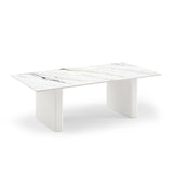 Modern rectangular marble dining table with white fluted pedestal legs