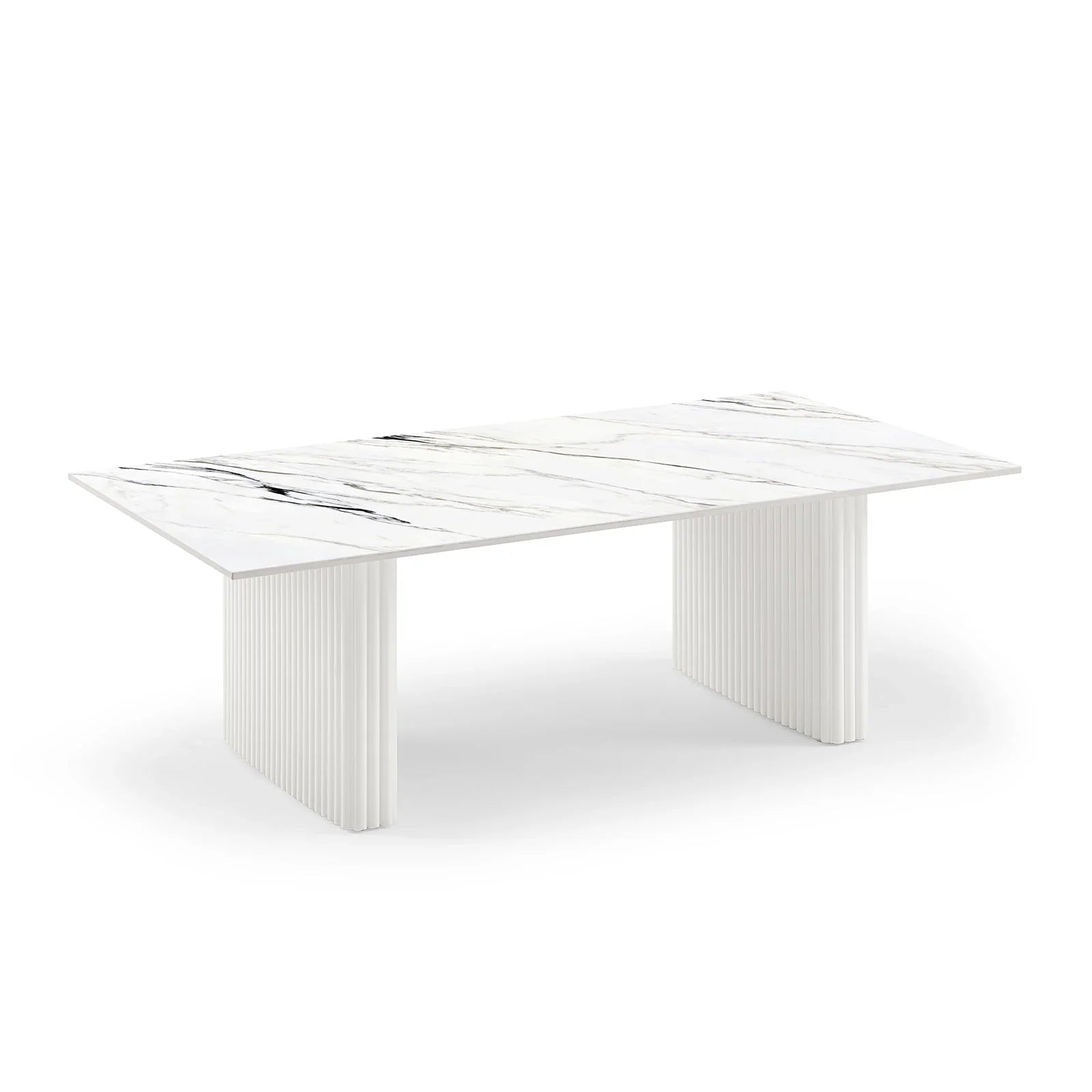 Modern rectangular marble dining table with white fluted pedestal legs