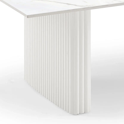 Modern white fluted table base with marble tabletop, minimalist furniture design