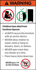 Furniture tipover warning sign with safety instructions and safety icons.