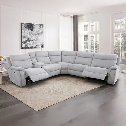 Large Corner Modular Lounge Suite in Light Grey Fabric Electric Recliner