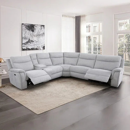 Large Corner Modular Lounge Suite in Light Grey Fabric Electric Recliner