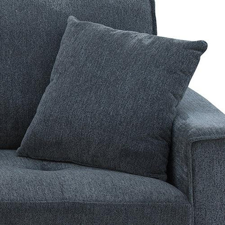 Dark gray modern sofa with matching cushion and soft fabric upholstery