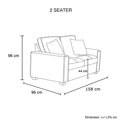 2 seater sofa dimensions diagram, 158 cm wide, 96 cm high, 96 cm deep, 44 cm seat depth
