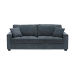 Dark gray modern sofa with two matching throw pillows, minimalist living room furniture