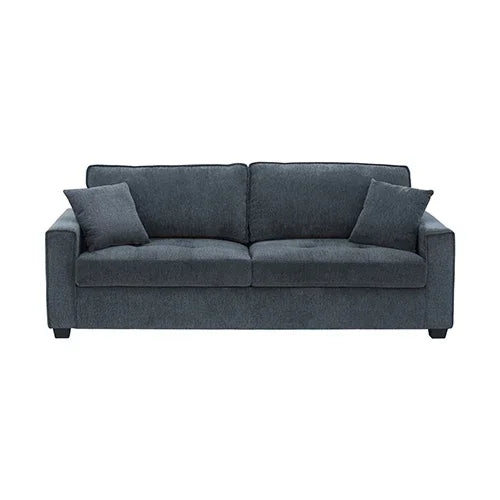 Dark gray modern sofa with two matching throw pillows, minimalist living room furniture