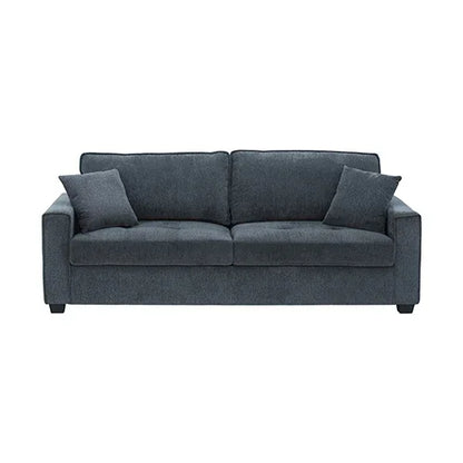 Dark gray modern sofa with two matching throw pillows, minimalist living room furniture
