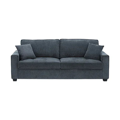 Dark gray modern sofa with two matching throw pillows, minimalist living room furniture