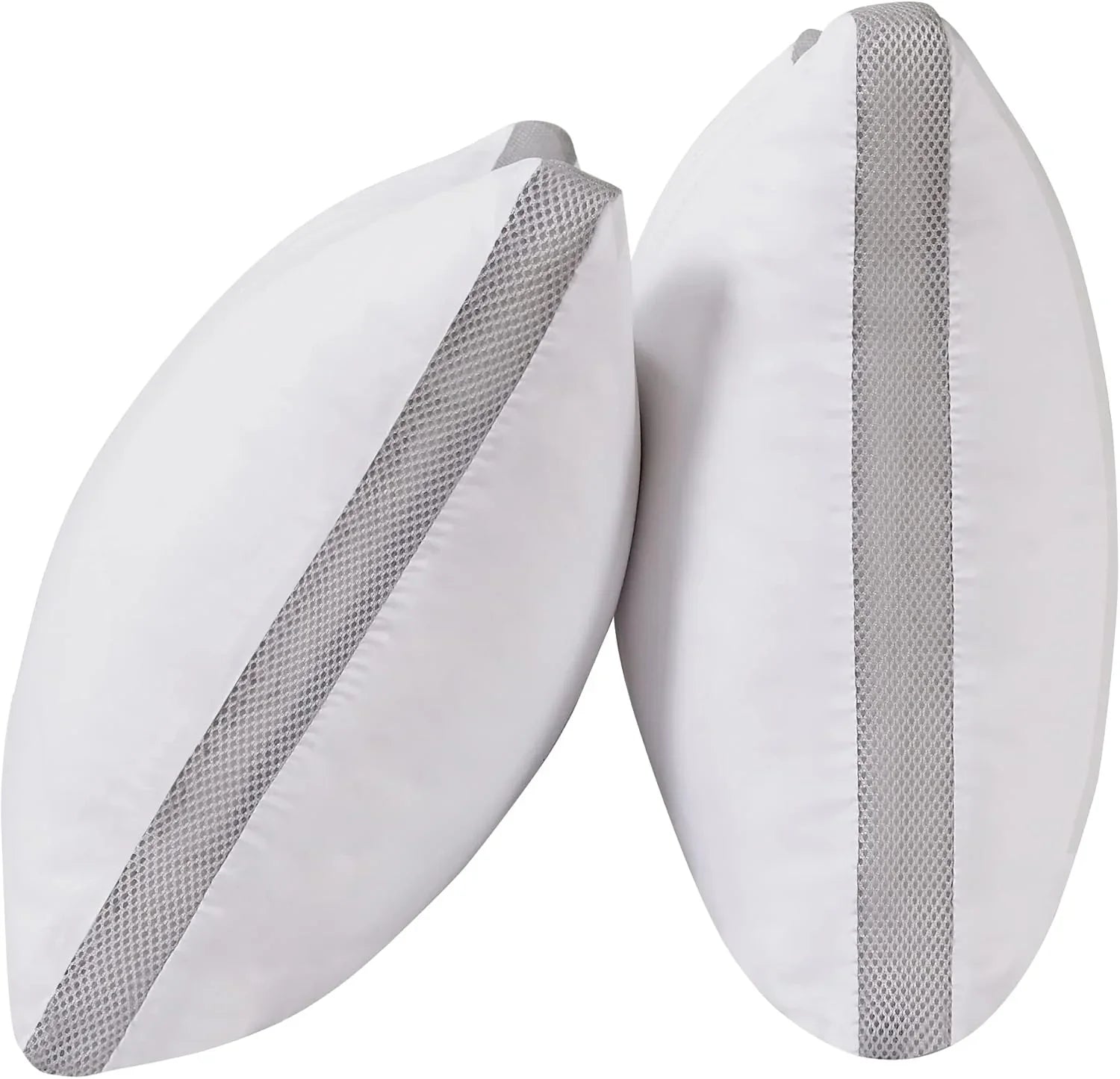 Pair of white pillows with gray mesh ventilation strip for breathable comfort