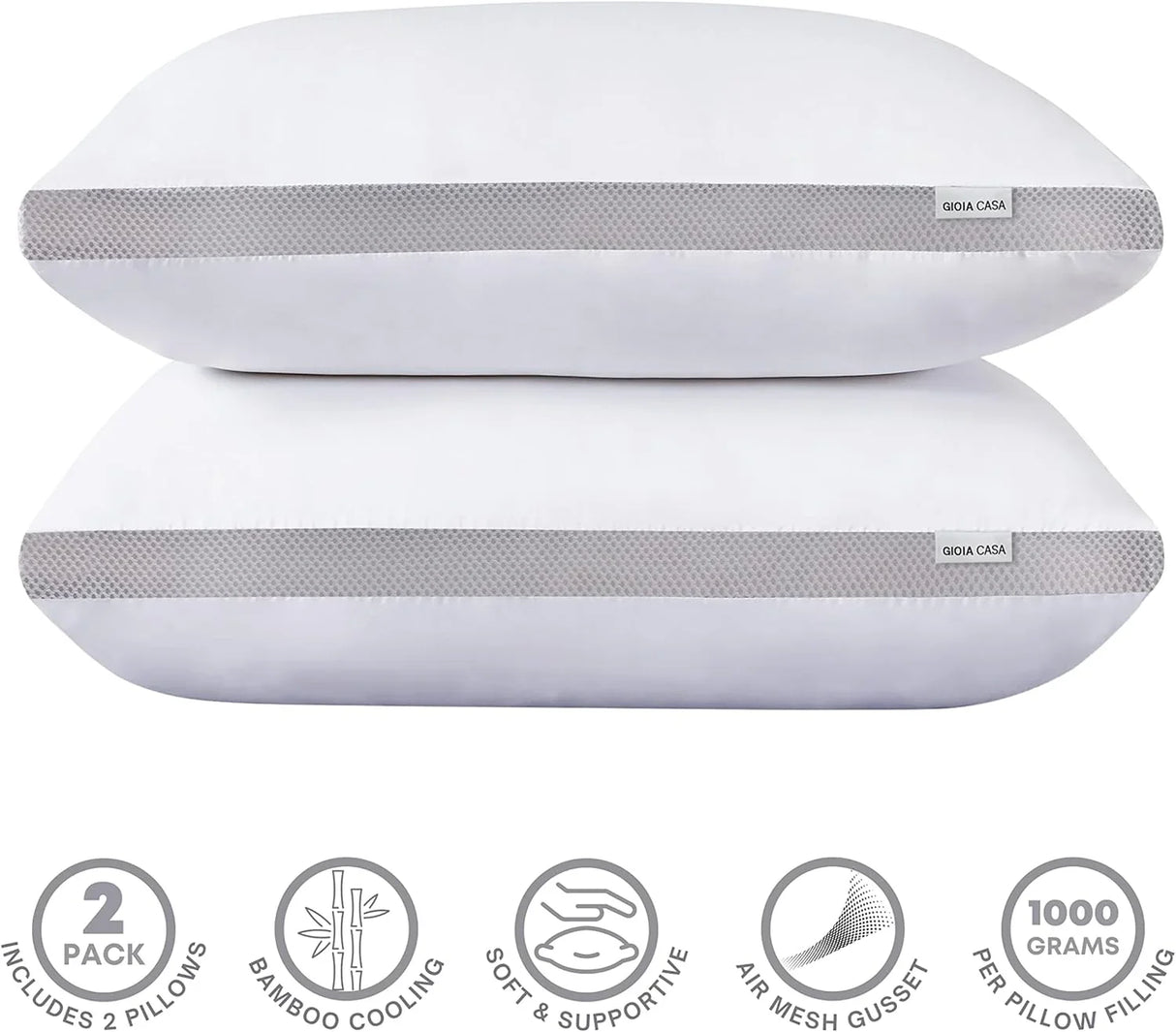 Two white Gioia Casa pillows with gray bamboo cooling air mesh gusset, soft supportive 2-pack set