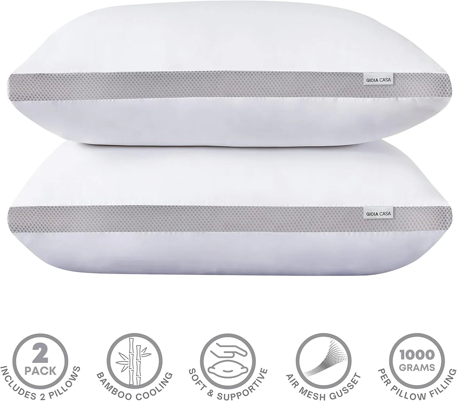 Two white Gioia Casa pillows with gray bamboo cooling air mesh gusset, soft supportive 2-pack set