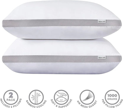 Bamboo Cooling Pillows Twin Pack - Luxury Plush Down-Like Microfibre Pillows for Bedding - Ultra Soft, Comfy & Breathable Standard Pillows