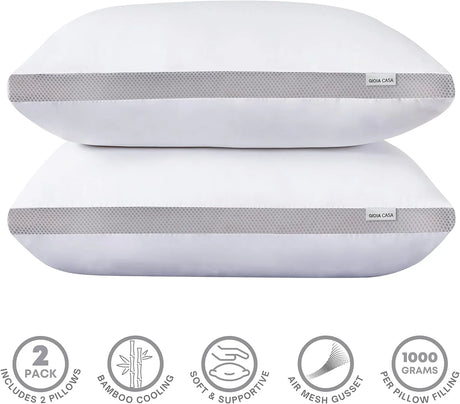 Two white Gioia Casa pillows with gray bamboo cooling air mesh gusset, soft supportive 2-pack set