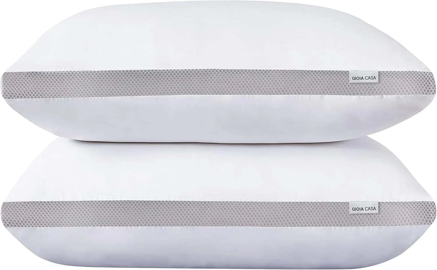 Two white rectangular pillows with breathable gray mesh sides and Gioia Casa labels stacked on white background
